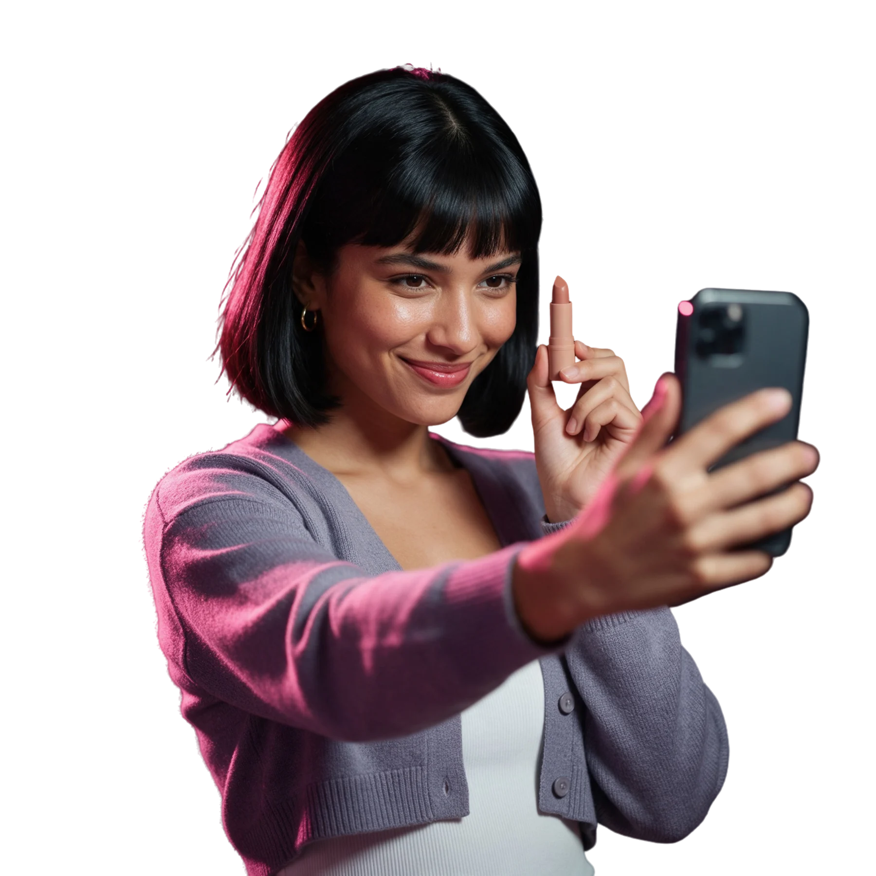 Creator de beleza da Flip gravando uma selfie com um batom